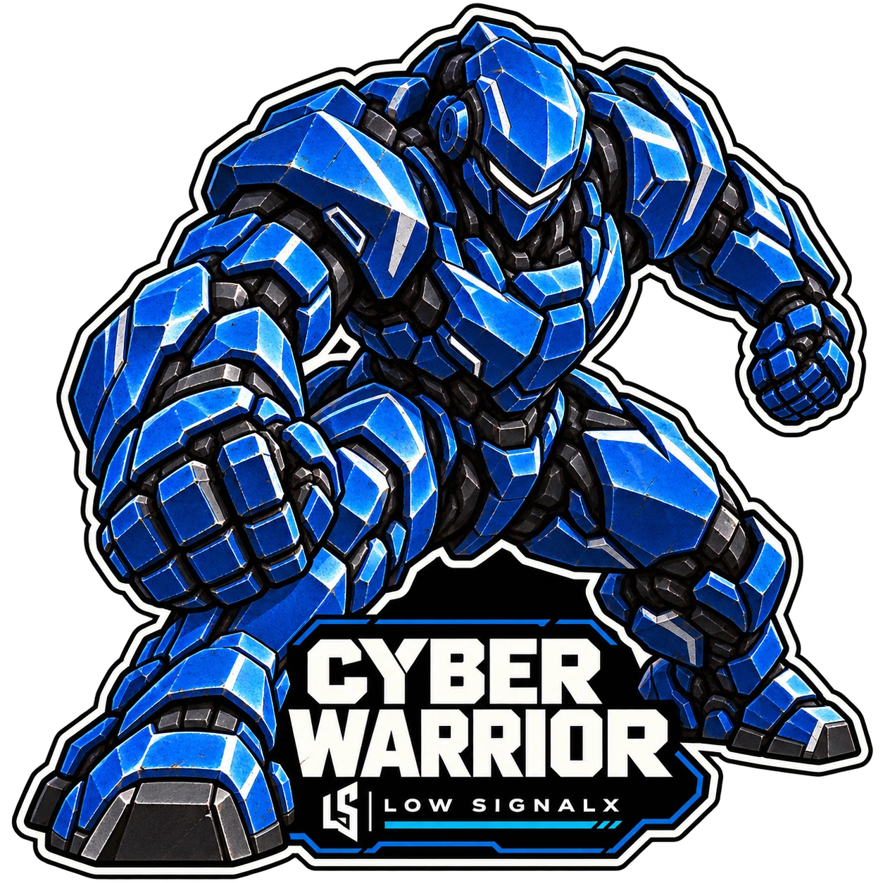 Cyber Warrior in a low forward attack stance with cobalt armor, a reinforced lead fist, white visor, and a compact Cyber Warrior nameplate with the Low SignalX insignia.