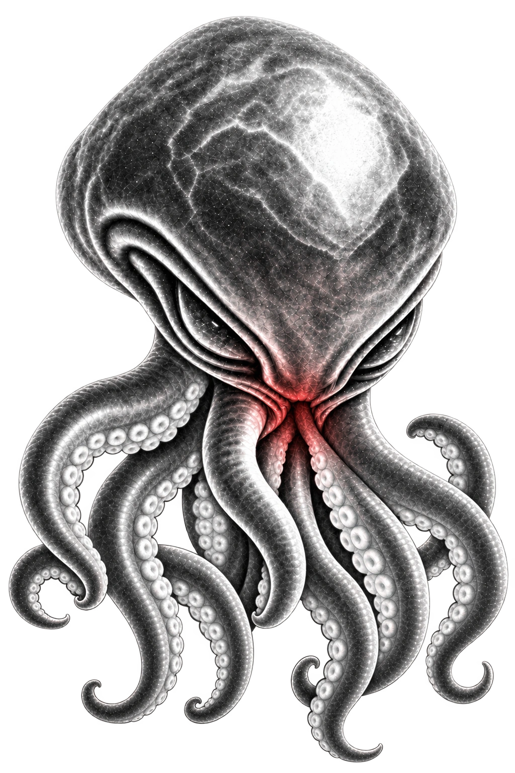 Thermal Ghost with a pale ridged mantle, recessed eyes, curling tentacles, and subtle red warmth.