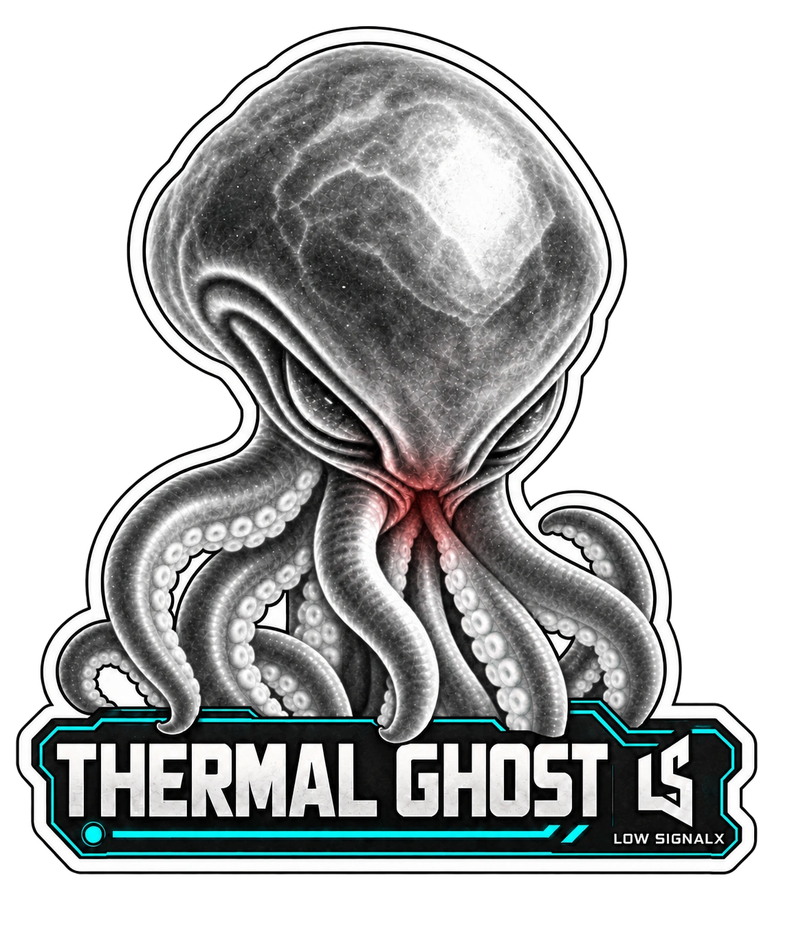 Original Thermal Ghost vinyl sticker with a monochrome tentacled alien, subtle red warmth, cyan nameplate accents, and the Low SignalX insignia.