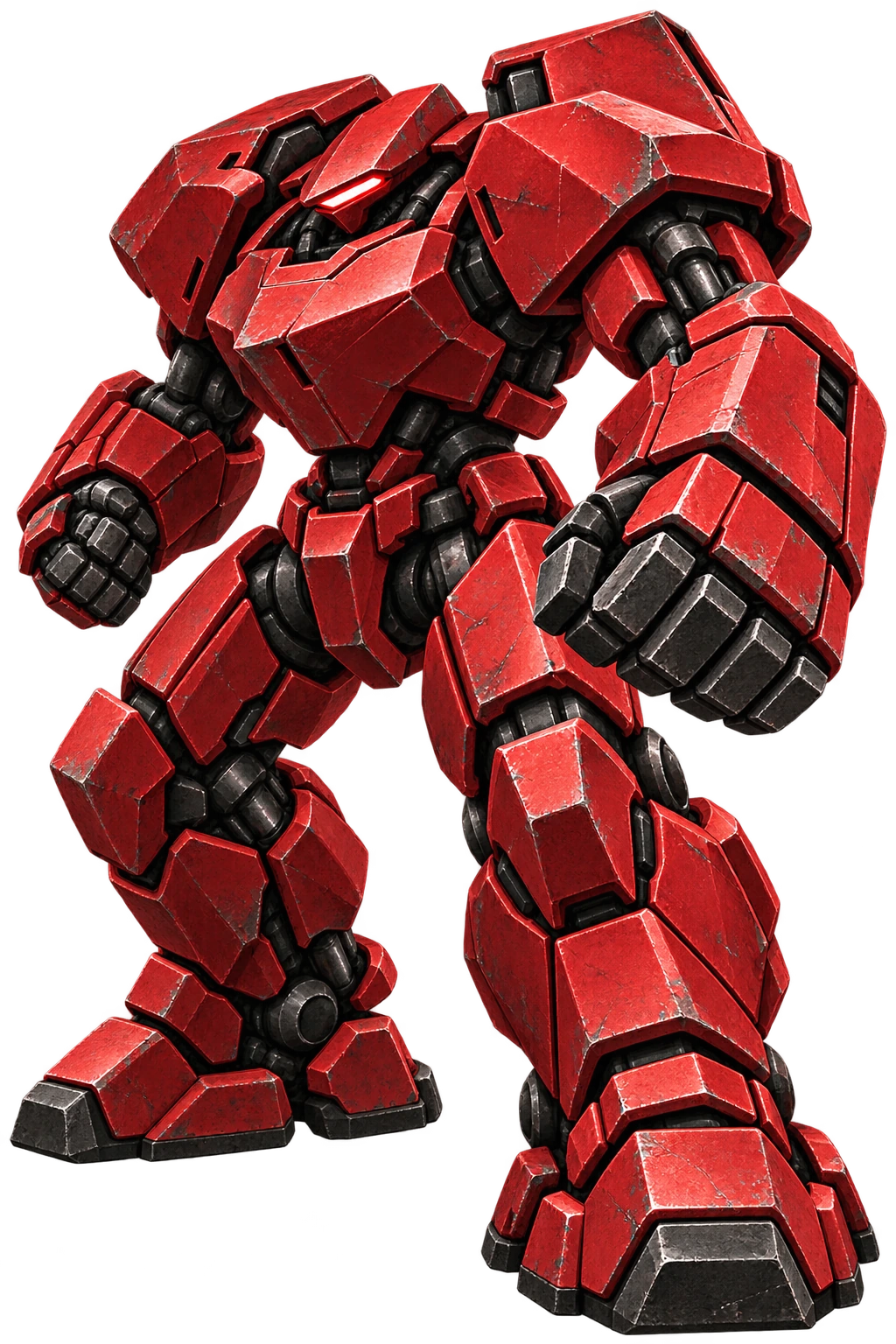 Battle-scarred crimson War Mech in a forward combat stance, with angular shoulder armor, a recessed visor, oversized crushing fists, and heavy planted feet.