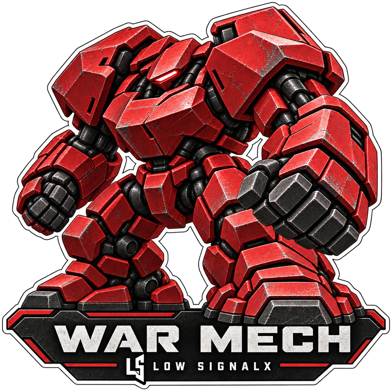 Heavy crimson War Mech sticker with angular armor, massive fists, a WAR MECH nameplate, and Low SignalX branding.